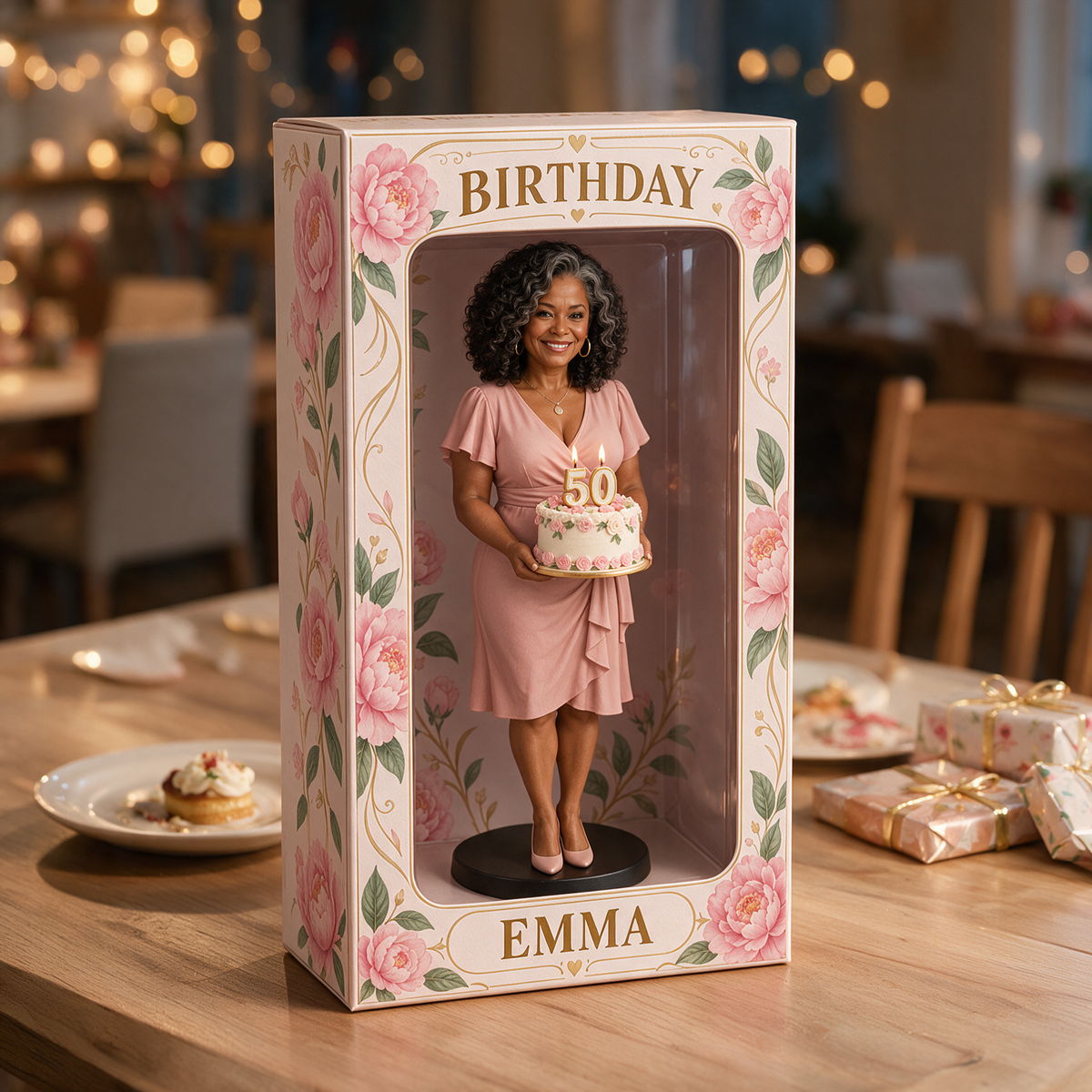 Boîte d'affichage figurine photo personnalisée Pivoine Rose - Cadeau d'anniversaire pour femmes