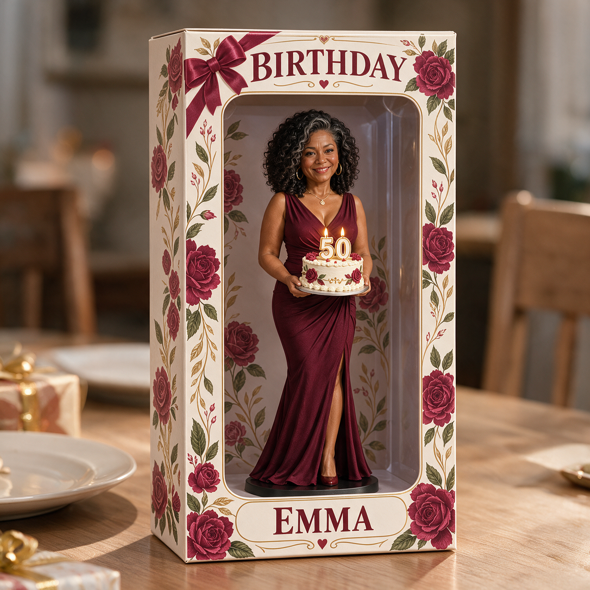 Boîte d'affichage en figurine de rose rouge personnalisée - Cadeau d'anniversaire pour femmes