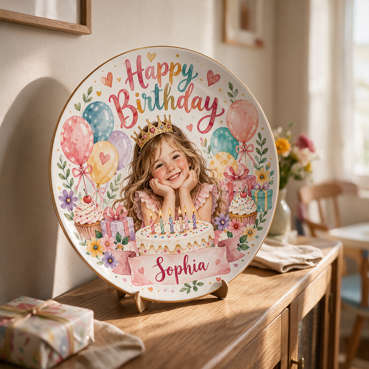 Personalized Colorful Birthday Ceramic Plate - Watercolor Portrait, Custom Name and Age
