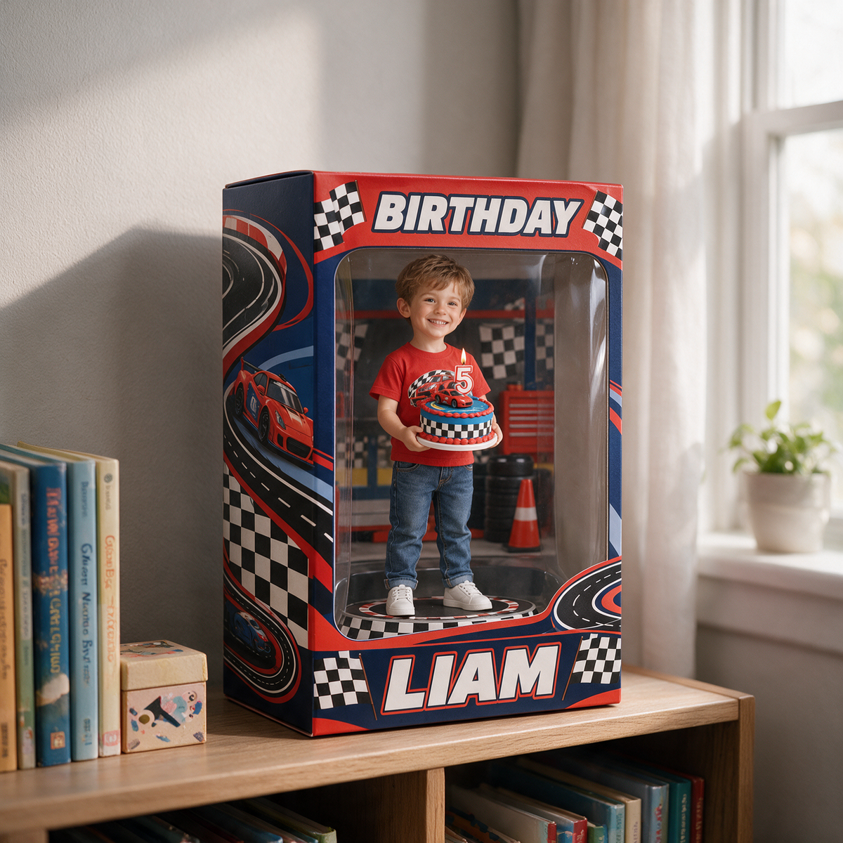 Boîte d'affichage acrylique personnalisée avec photo de voiture de course - Cadeau d'anniversaire pour garçon de 5 ans