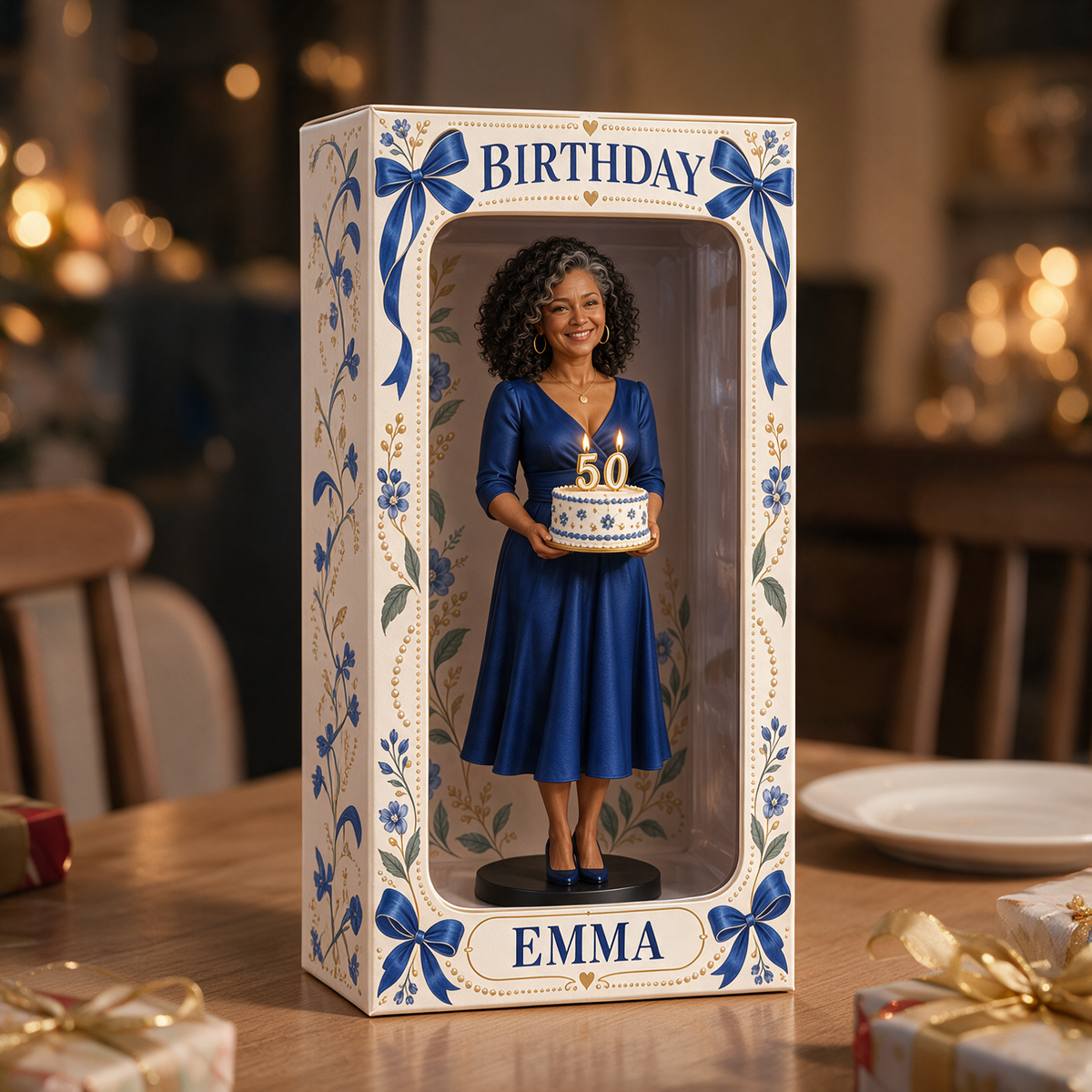 Boîte d'affichage figurine en ruban bleu photo personnalisée - Cadeau d'anniversaire pour femmes de 50 ans
