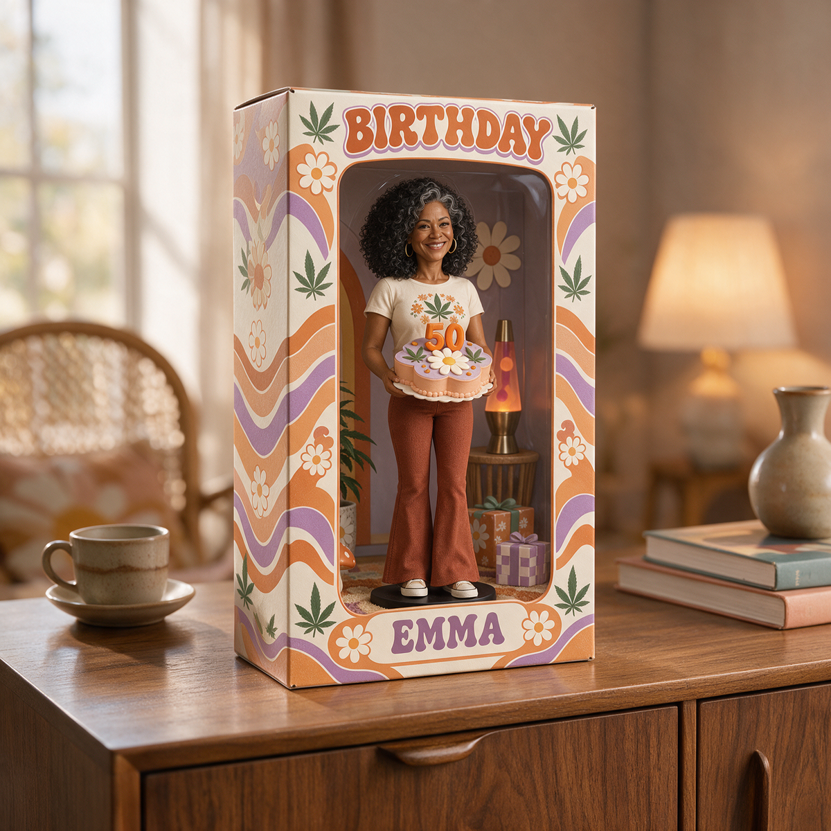 Personalized Hippie Acrylic Display Box - Retro Daisy Birthday Figurine Gift