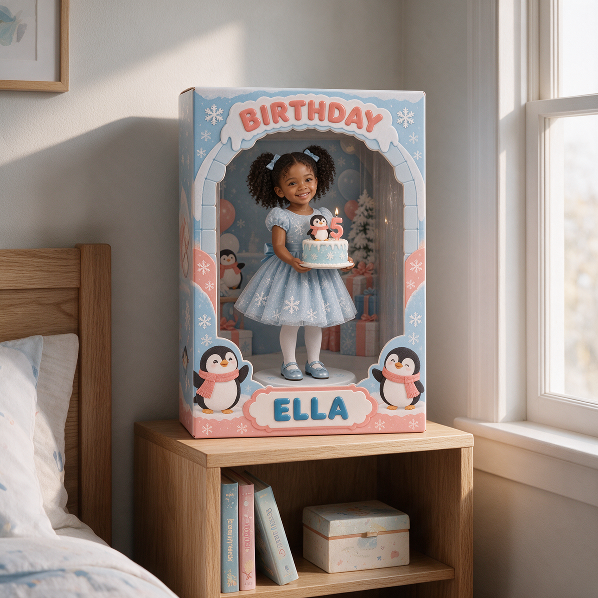 Personalized Custom Photo Penguin Acrylic Display Box - 5th Birthday Gift for Girls