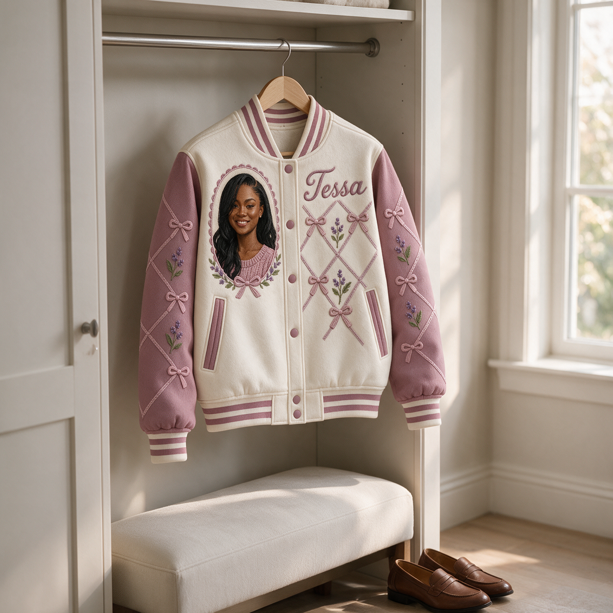 Personalized Birthday Varsity Jacket - Bow Lattice Portrait and Name