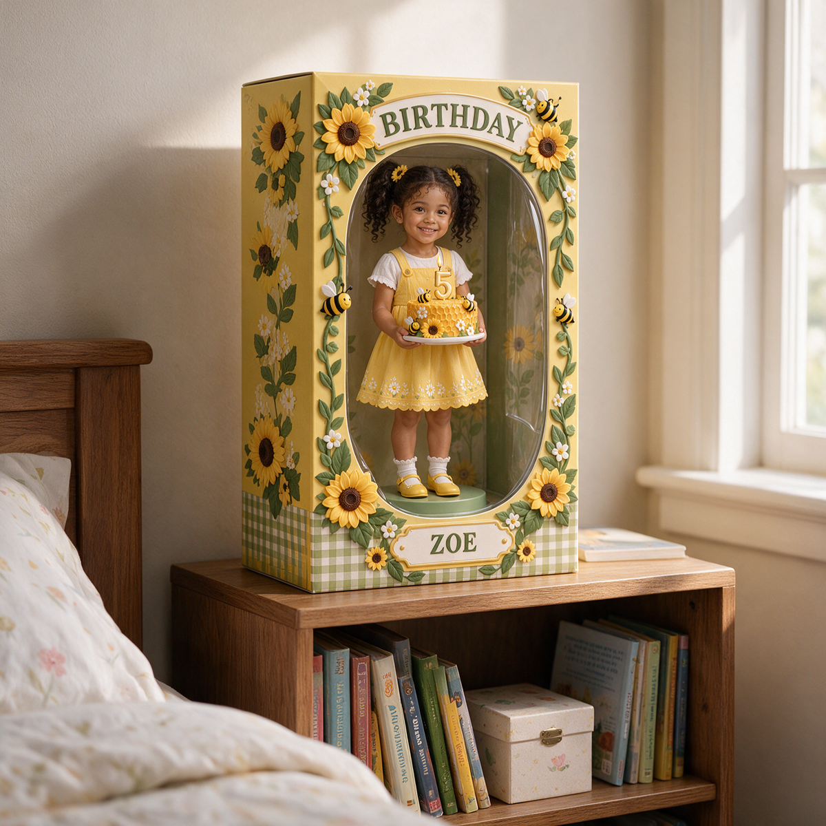 Boîte d'Affichage Acrylique Personnalisée Photo Tournesol Abeille - Cadeau d'Anniversaire pour Filles