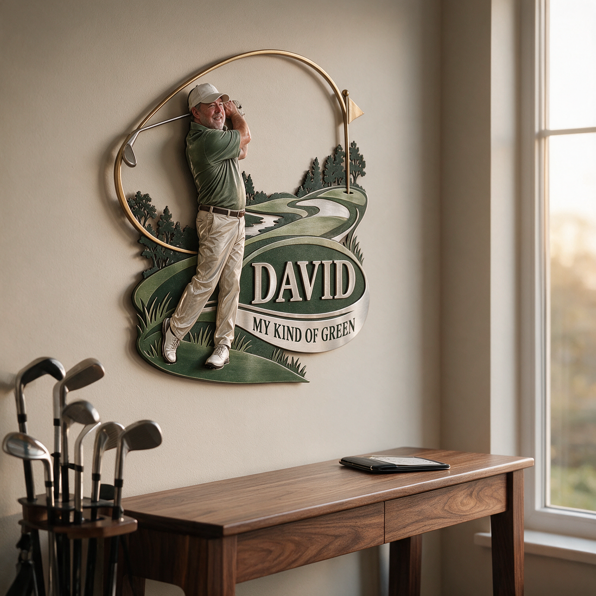 Art Mural Métallique de Golf Personnalisé - Portrait et Nom, Décor de Golfeur