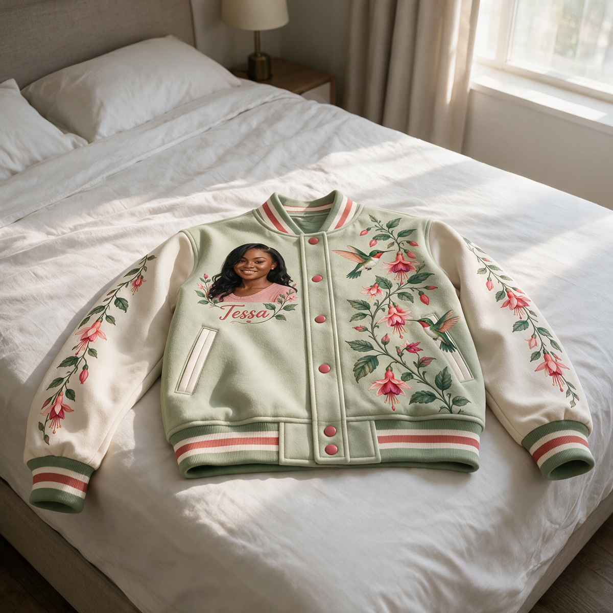 Personalized Hummingbird Varsity Jacket - Women's Floral Photo Portrait