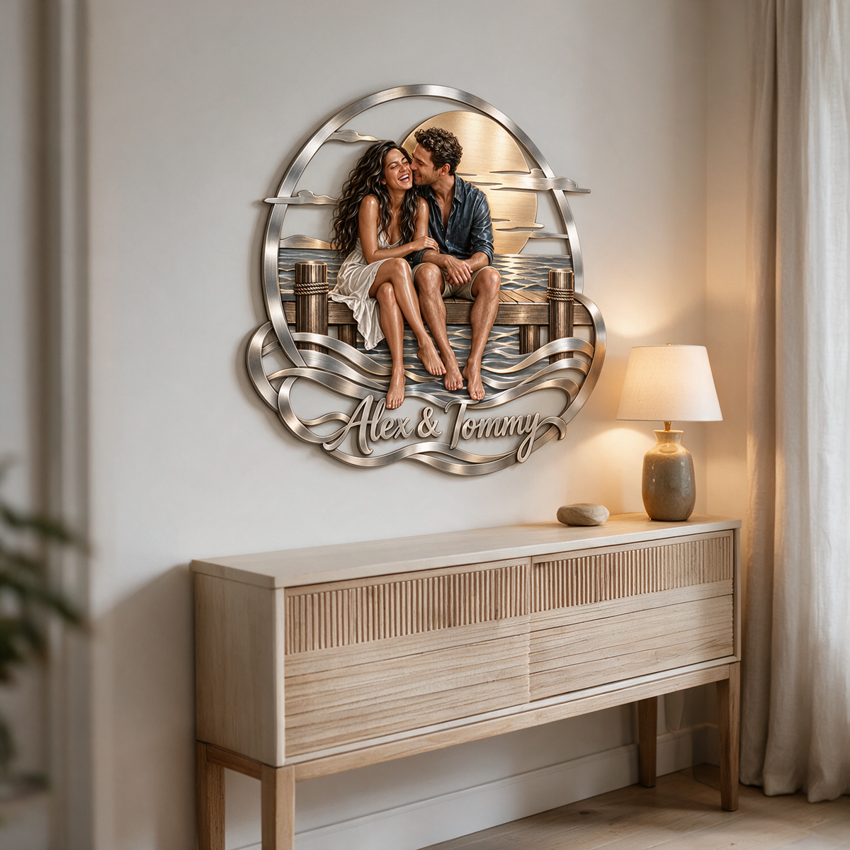 Personalized Custom Photo Sunset Pier 3D Metal Wall Art - Gift for Couples