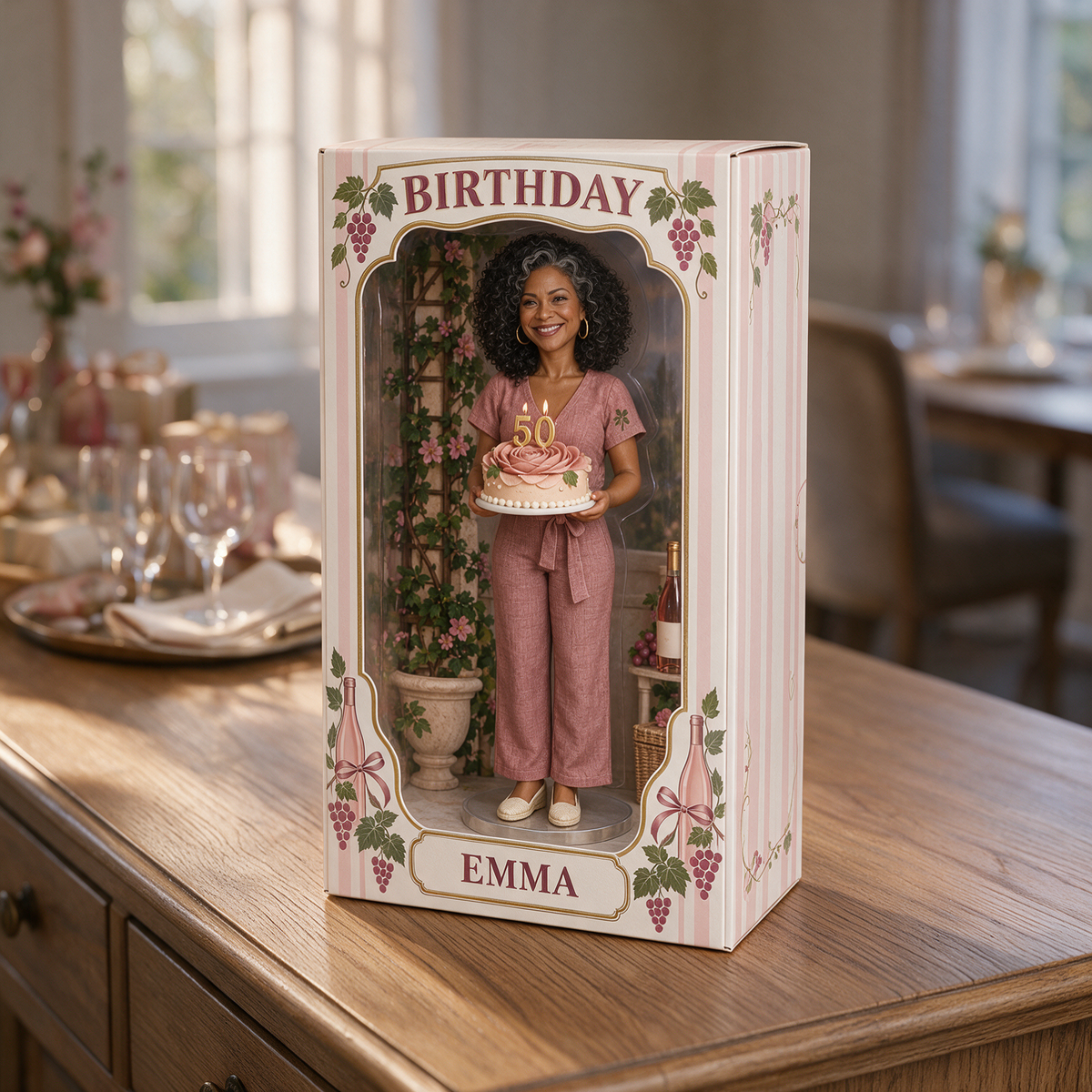 Personalized Wine Lover Figurine Display Box - Rosé Birthday Photo Portrait with Custom Name and Age