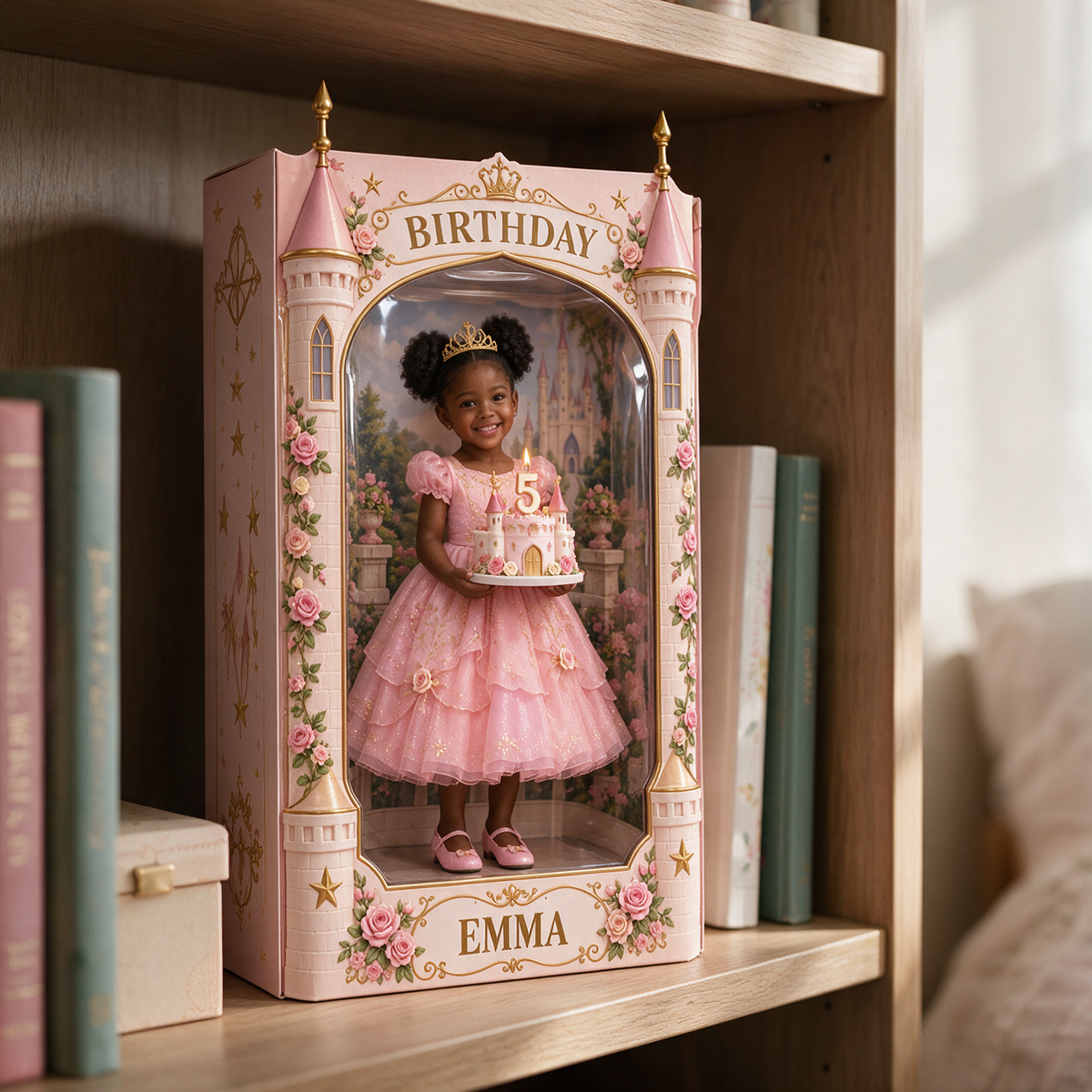 Boîte d'affichage acrylique personnalisée avec photo de château - Cadeau d'anniversaire pour filles
