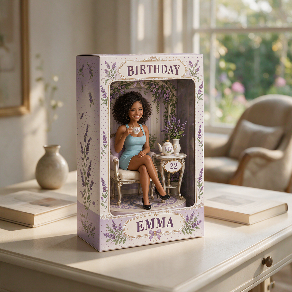 Personalized Birthday Figurine Display Box - Lavender Tea Party Photo Portrait with Custom Name and Age