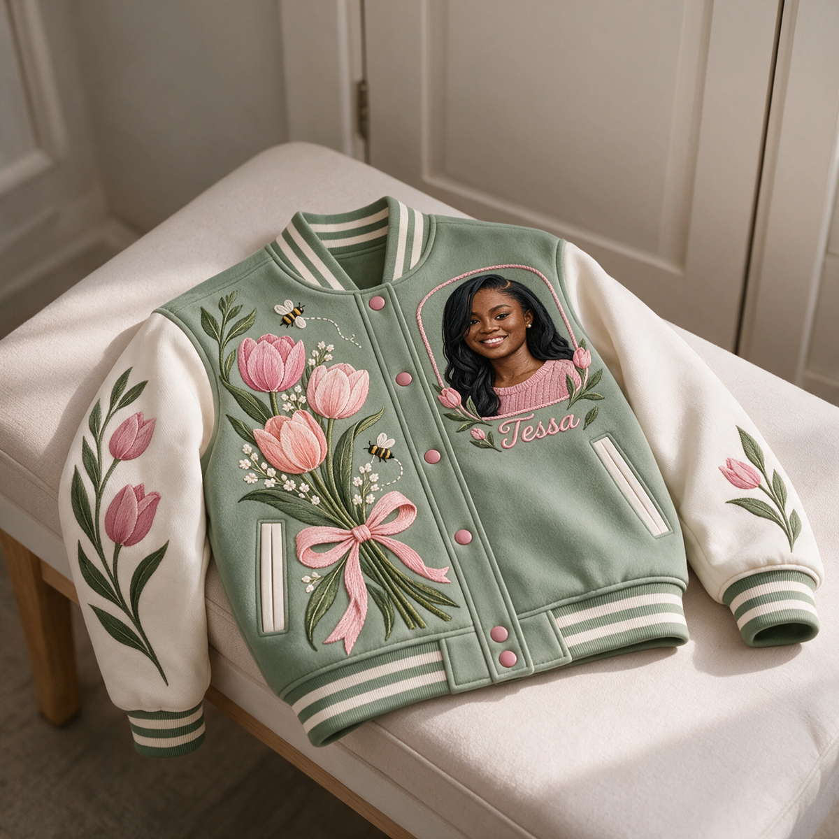Personalized Tulip Bow Varsity Jacket - Women's Birthday Gift with Portrait and Name