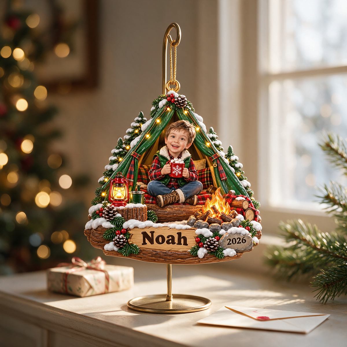 Personalized Custom Photo Camping 3D Ornament - 2026 Christmas Gift for Boys