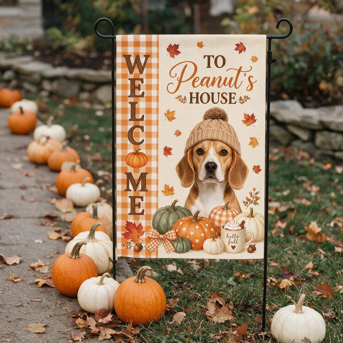 Personalized Fall Beagle Dog Garden Flag - Custom Name Welcome Pumpkins Gift for Dog Lover