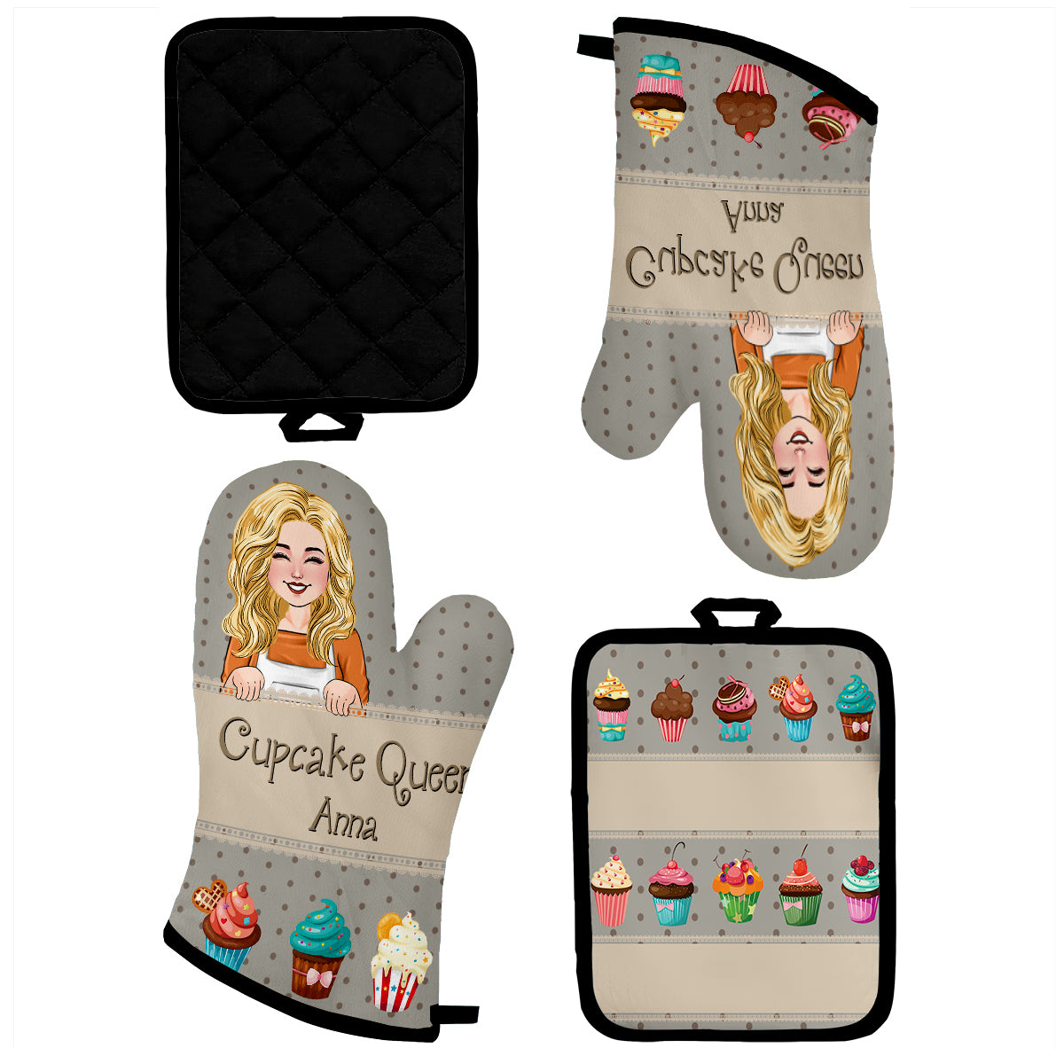 Cupcake Queen - Ensemble de gants de cuisine et maniques personnalisés