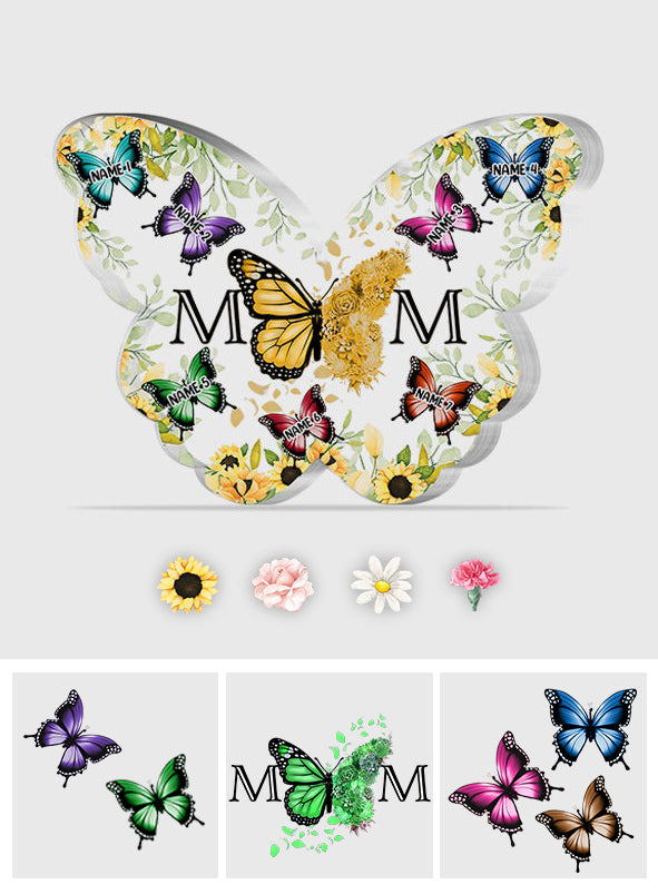 Plaque acrylique personnalisée « Papillons et fleurs pour maman et enfants » - Cadeau personnalisé pour maman