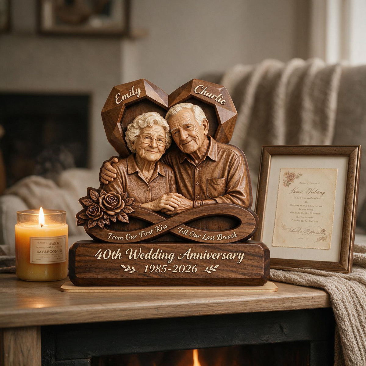 Personalized 40th Anniversary Elderly Couple Heart Shaped Wooden Plaque, Custom Milestone Gift