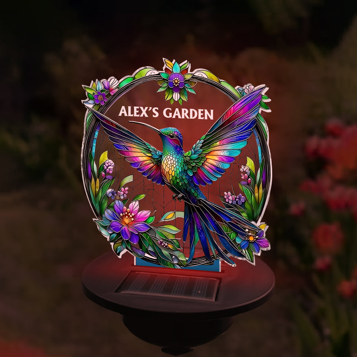 Magnifique lampe solaire de jardin personnalisée avec colibri, abeille, papillon...