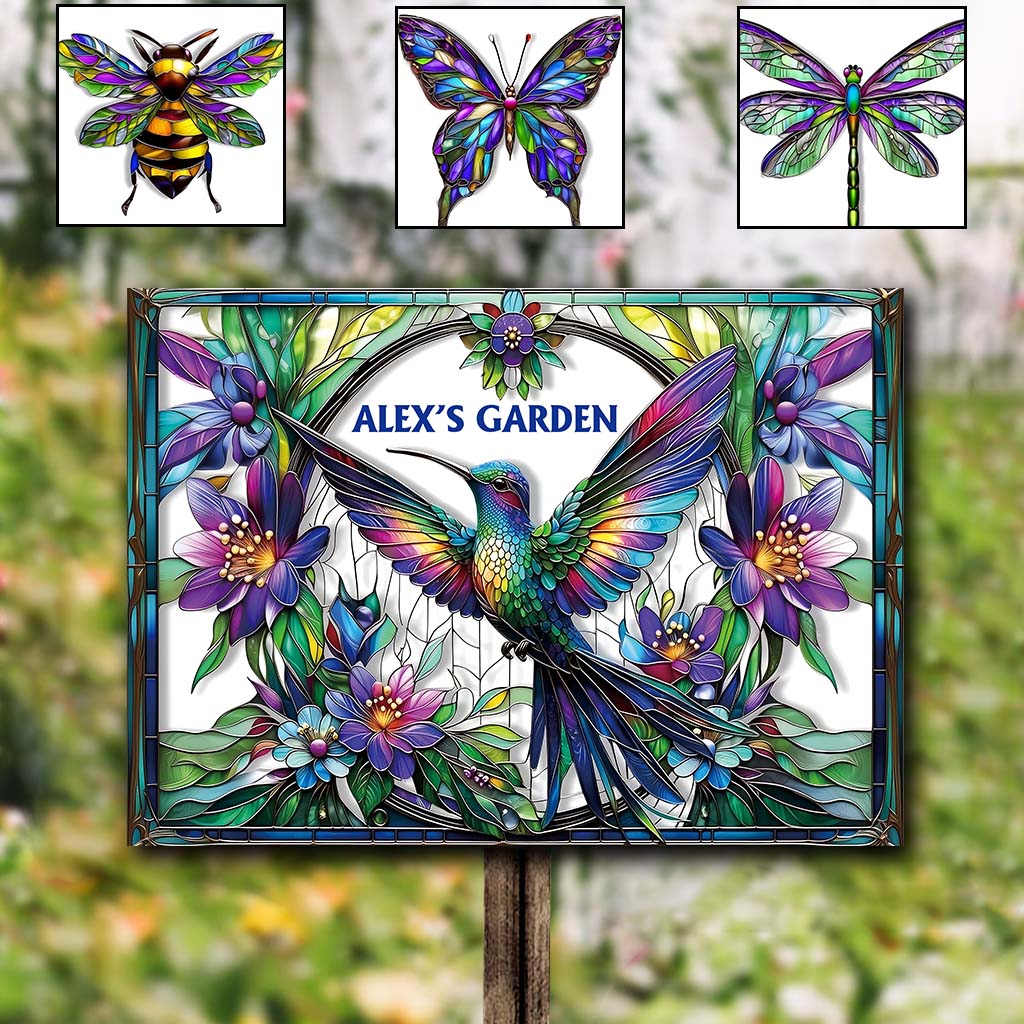 Superbe panneau métallique rectangulaire personnalisé pour le jardinage : colibri, abeille, papillon…