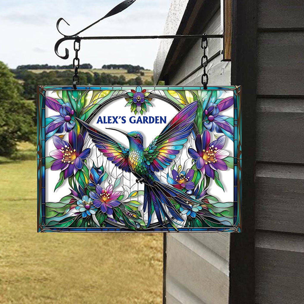 Superbe panneau métallique rectangulaire personnalisé pour le jardinage : colibri, abeille, papillon…