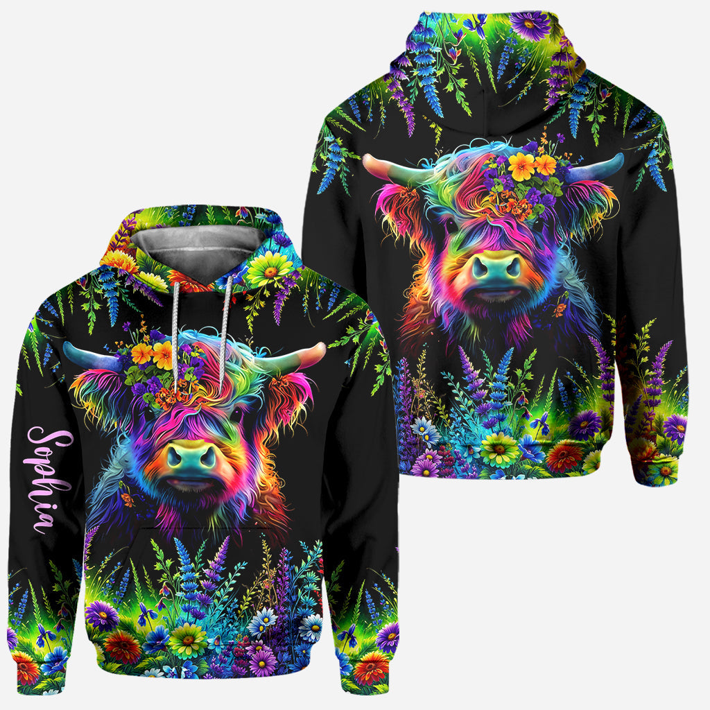 Beautiful Neon Highland Cow - Personalized Highland Cow Hoodie and Leggings