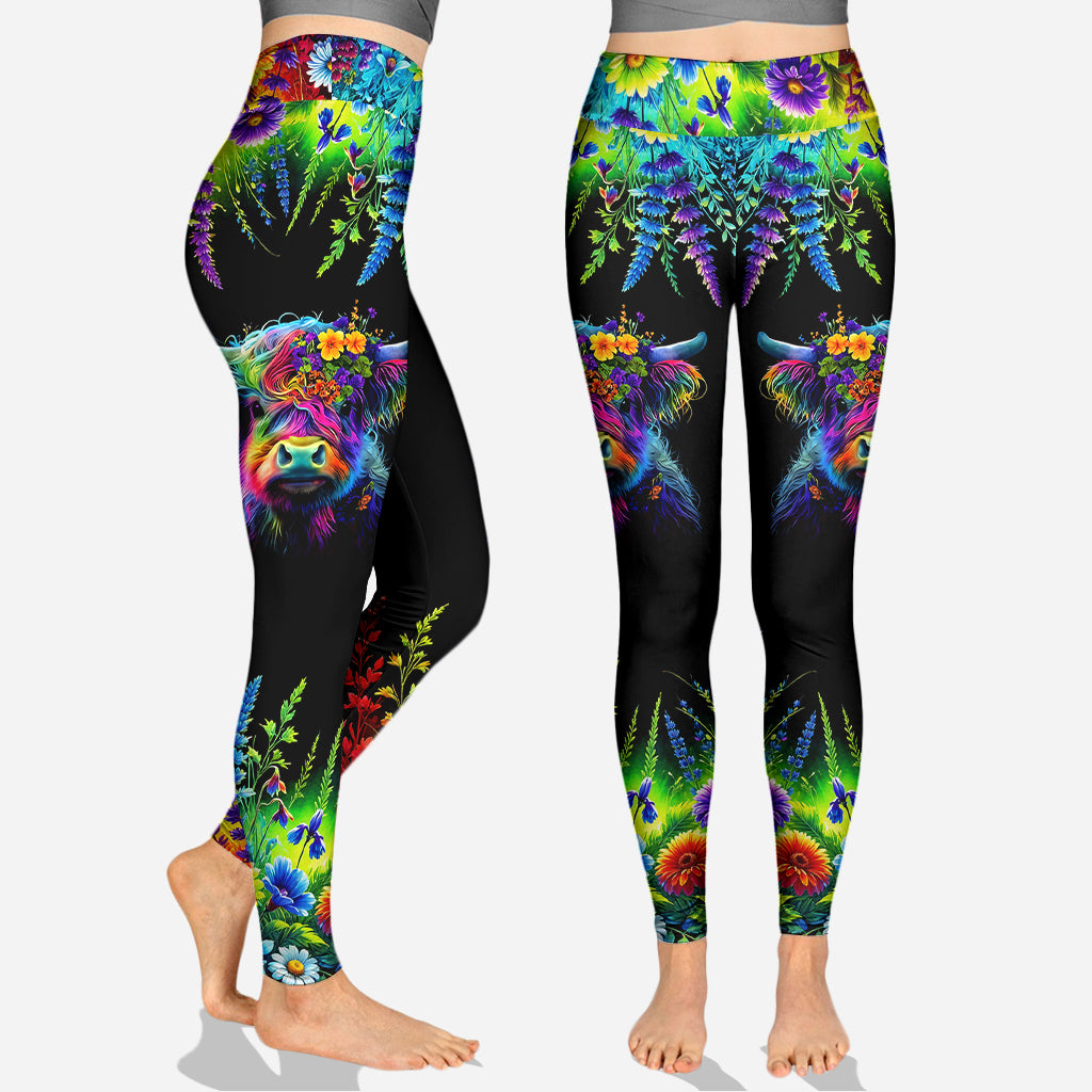 Beautiful Neon Highland Cow - Personalized Highland Cow Hoodie and Leggings