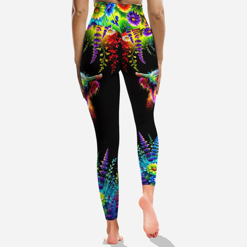 Beautiful Neon Highland Cow - Personalized Highland Cow Hoodie and Leggings