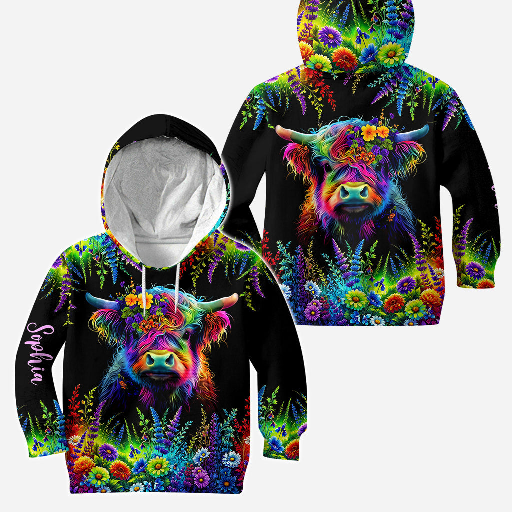 Beautiful Neon Highland Cow - Personalized Highland Cow Hoodie and Leggings