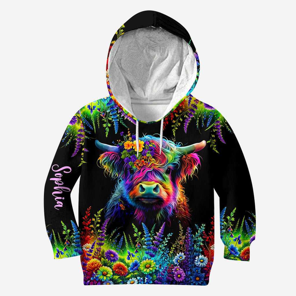 Beautiful Neon Highland Cow - Personalized Highland Cow Hoodie and Leggings