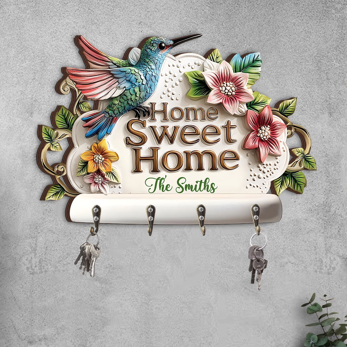 Home Sweet Home - Personalized Hummingbird Custom Shaped Key Rack