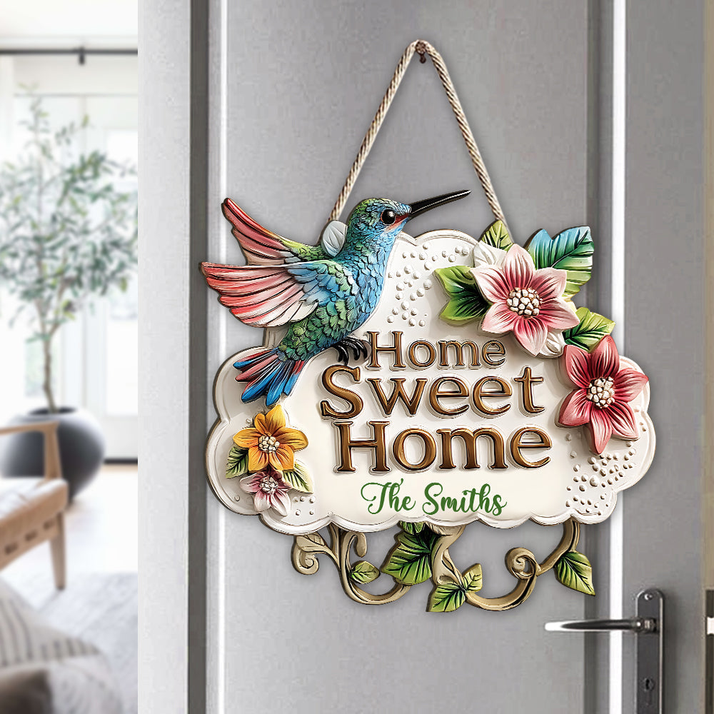 Home Sweet Home - Panneau en bois personnalisé en forme de colibri