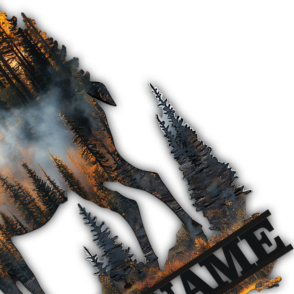 Panneau en métal découpé personnalisé « Chasse au cerf au coucher du soleil » avec nom