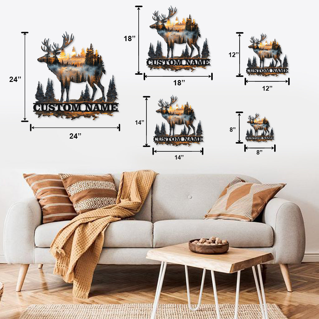 Panneau en métal découpé personnalisé « Chasse au cerf au coucher du soleil » avec nom