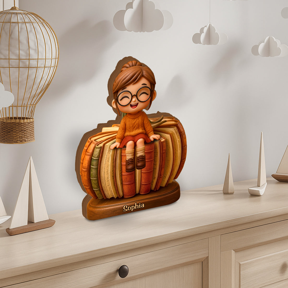 Une fille qui aime lire - Plaque en bois personnalisée en forme de livre