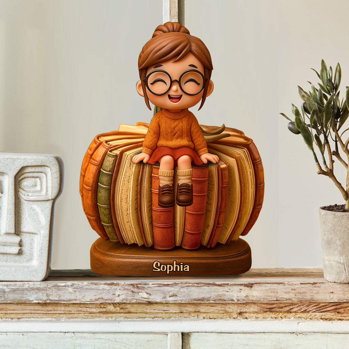 Une fille qui aime lire - Plaque en bois personnalisée en forme de livre