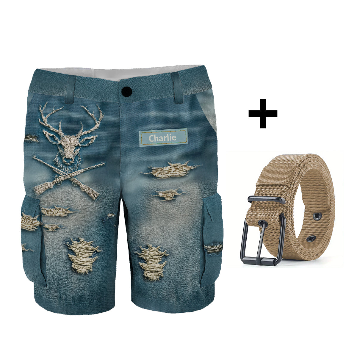 Distressed Hunting Gift - Personalized Hunting Cargo Shorts With Belt
