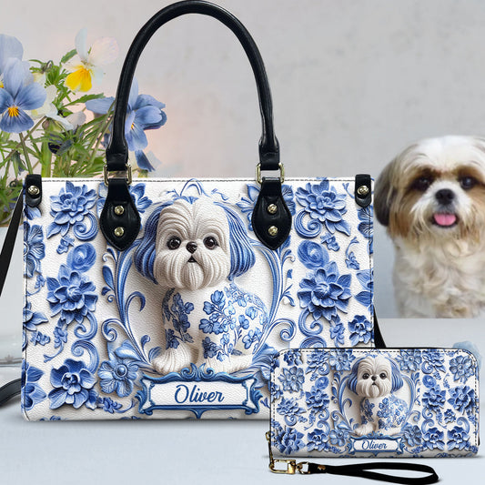 Sac à main et portefeuille long en cuir personnalisés avec un adorable Shih Tzu
