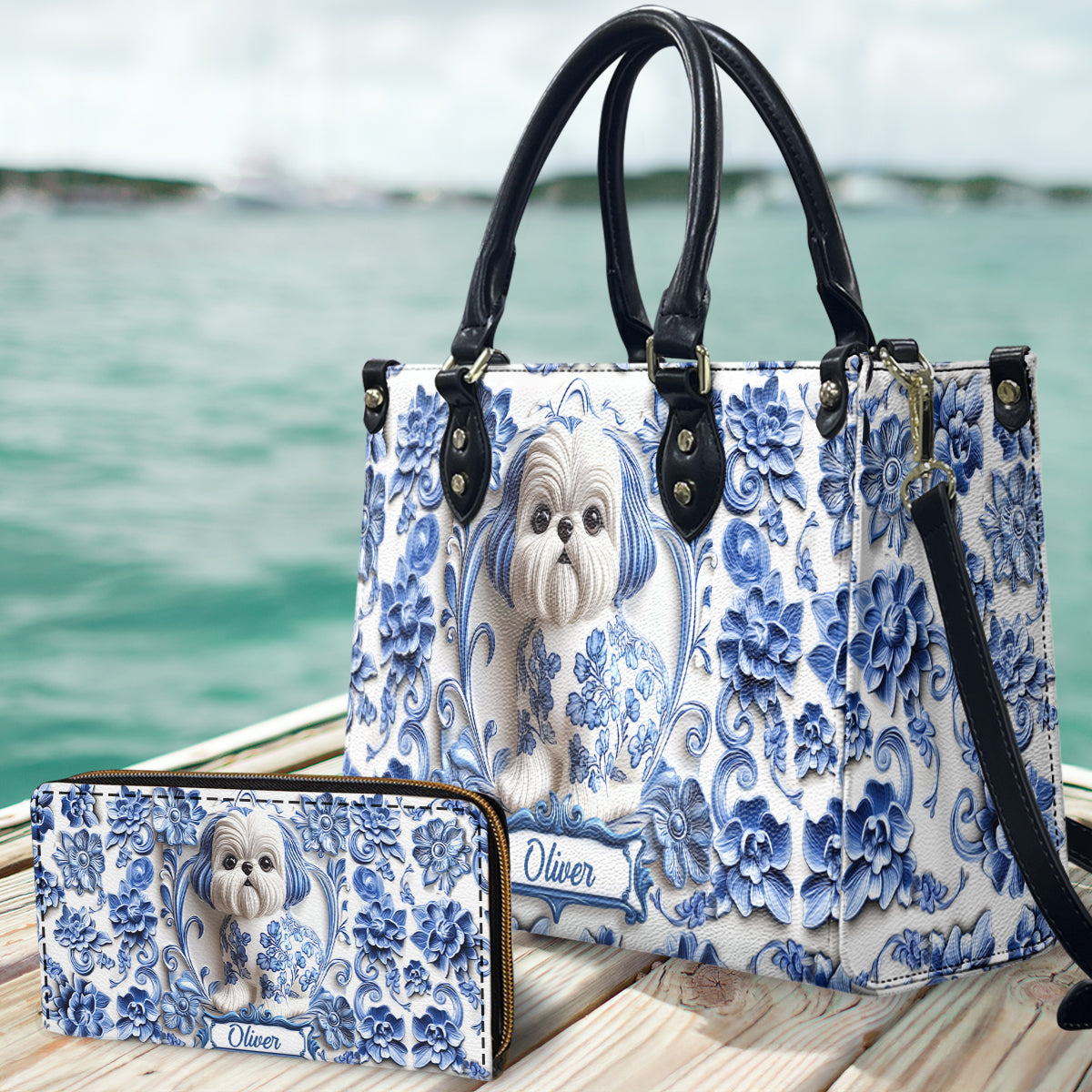 Sac à main et portefeuille long en cuir personnalisés avec un adorable Shih Tzu