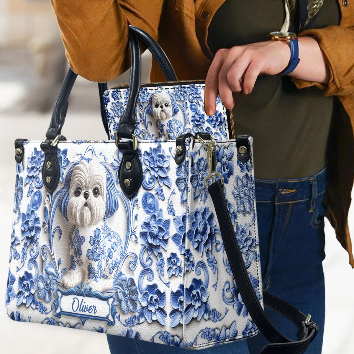Sac à main et portefeuille long en cuir personnalisés avec un adorable Shih Tzu