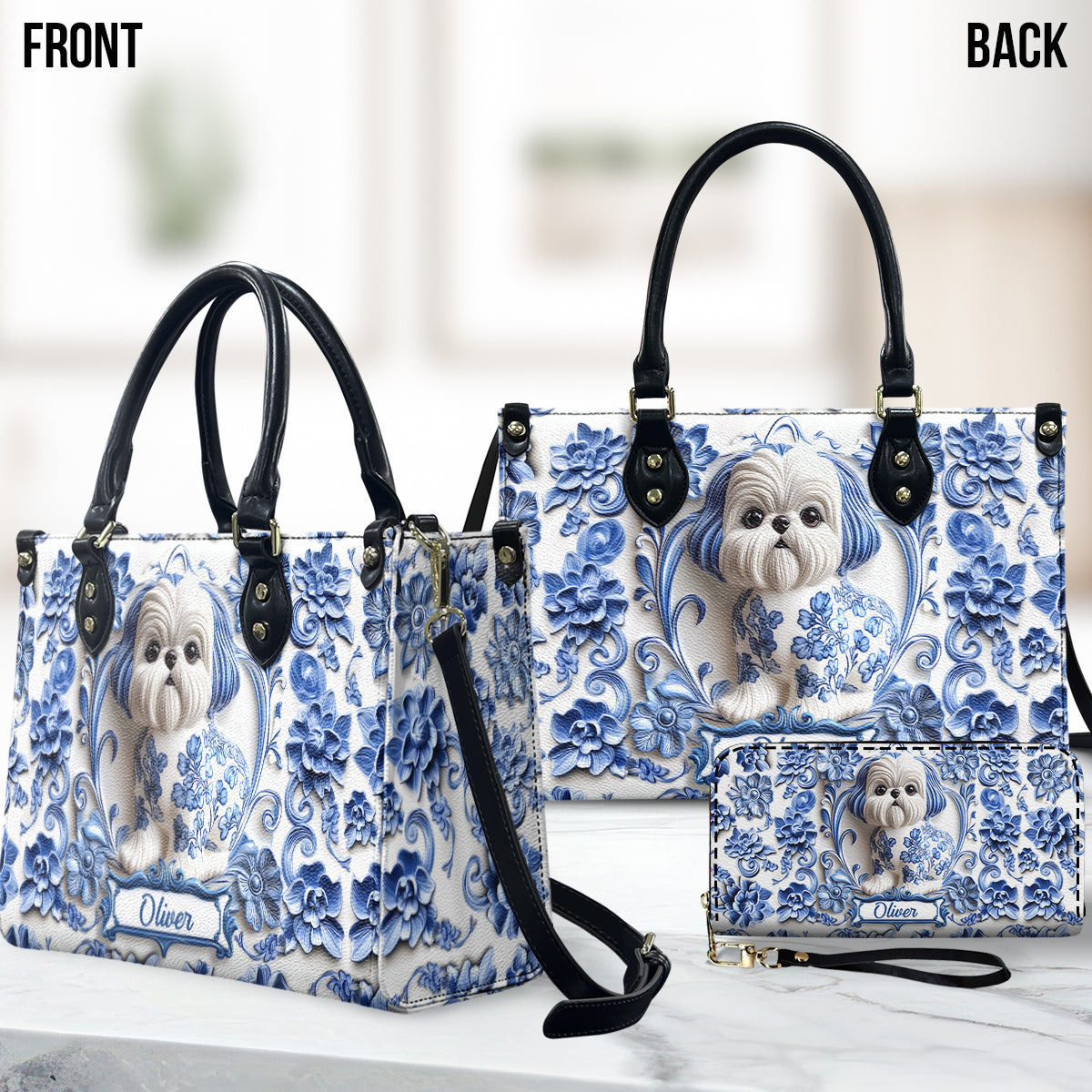 Sac à main et portefeuille long en cuir personnalisés avec un adorable Shih Tzu