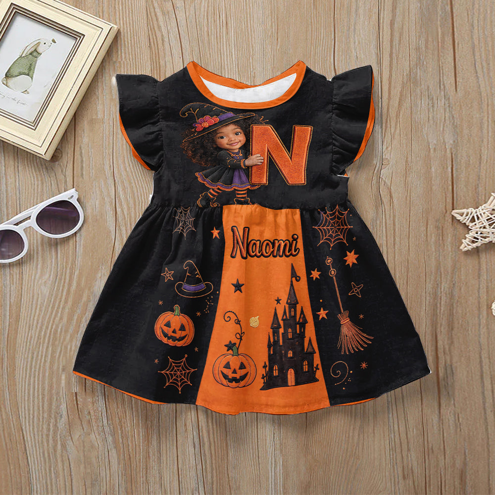 Halloween Initial Gift For Kids - Personalized Kid Kid Ruffle Sleeve Dress