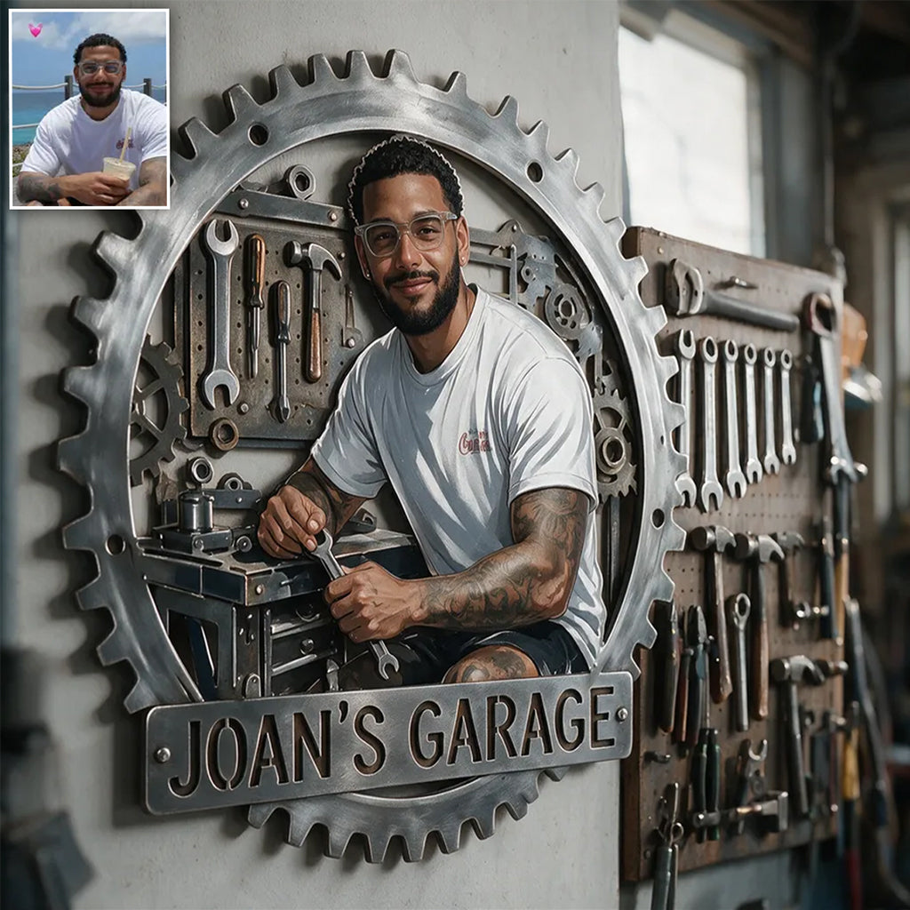 Gear Frame Garage Decor Sign - Personalized Garage 3D Printed Cut Metal Sign