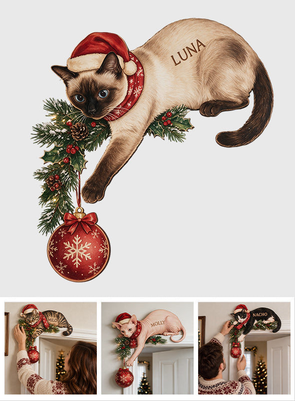 Custom Any Photo, Cute Cat Christmas - Personalized Cat Door Frame Decoration