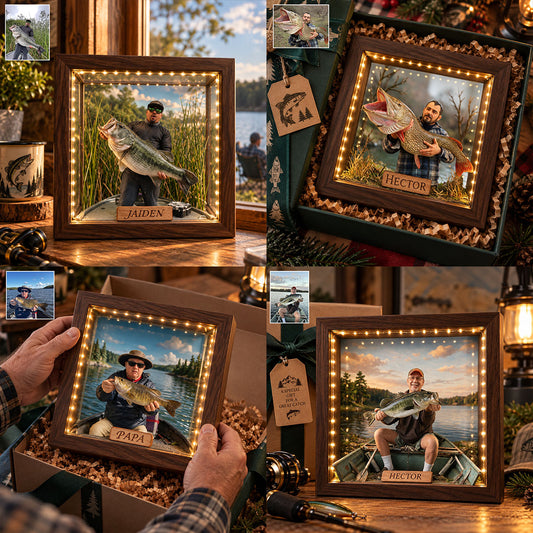 Miniature Style Gift, Custom From Any Photo - Personalized Fishing Wooden Frame LED Light