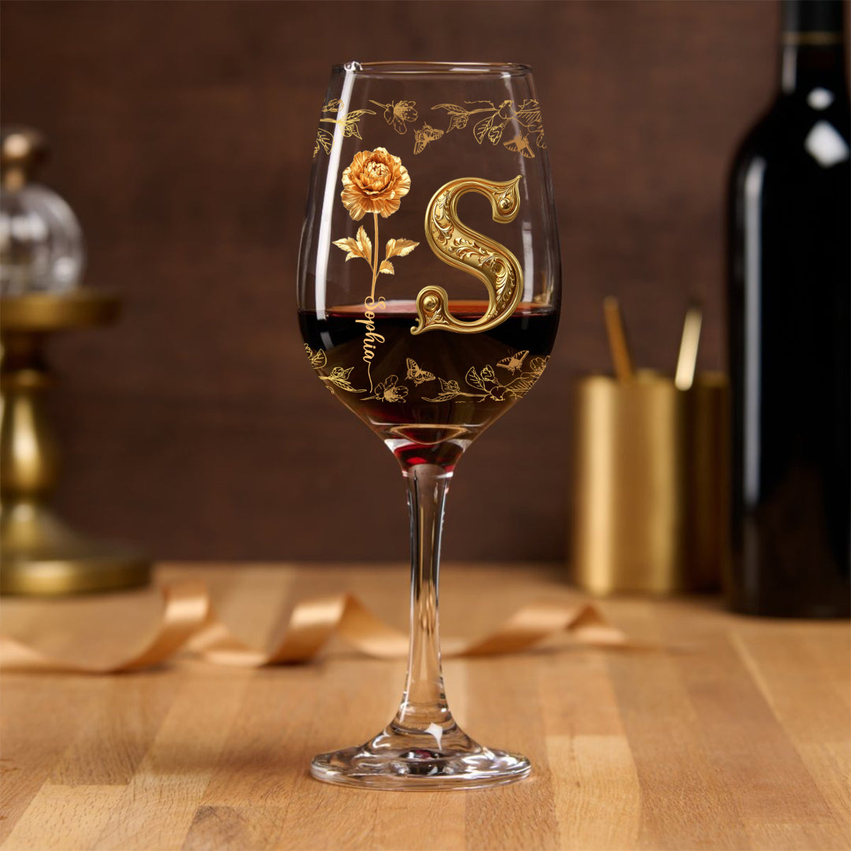 Fleurs dorées - Verre à vin de luxe personnalisé à longue tige