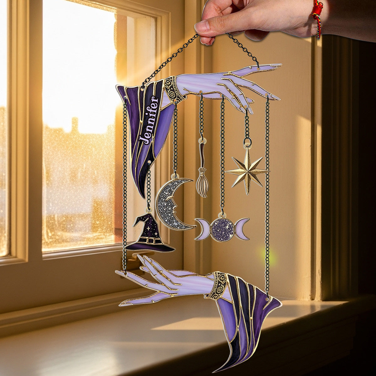 Magical Witch Hands - Personalized Witch Window Hanging Suncatcher With Charms