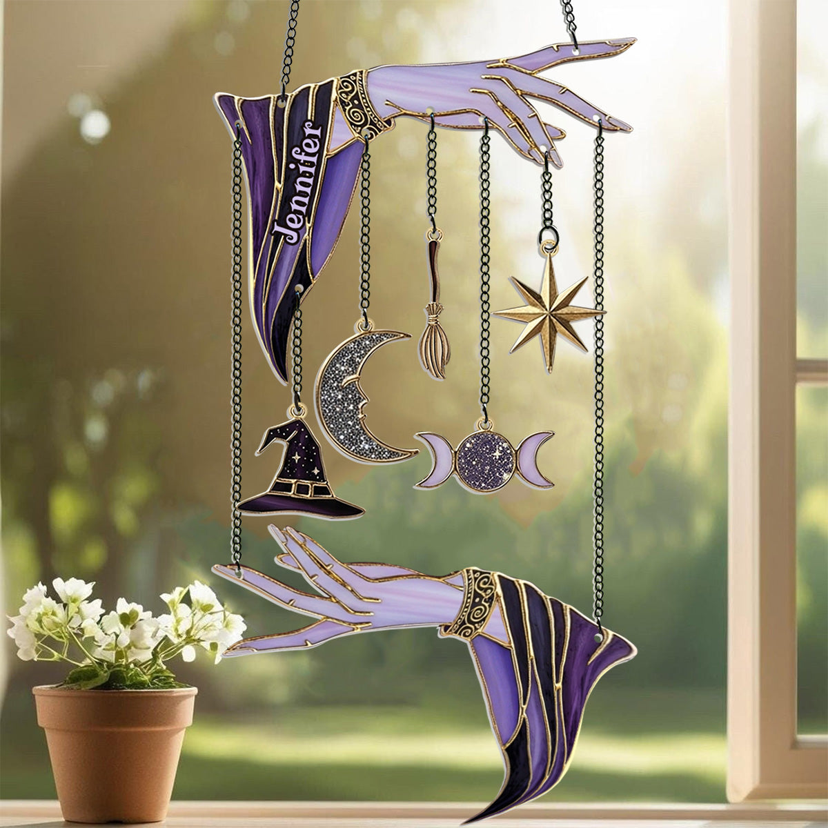 Magical Witch Hands - Personalized Witch Window Hanging Suncatcher With Charms