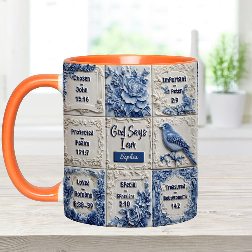 Mug chrétien personnalisé « Dieu dit que je suis » à motif Toile de Jouy