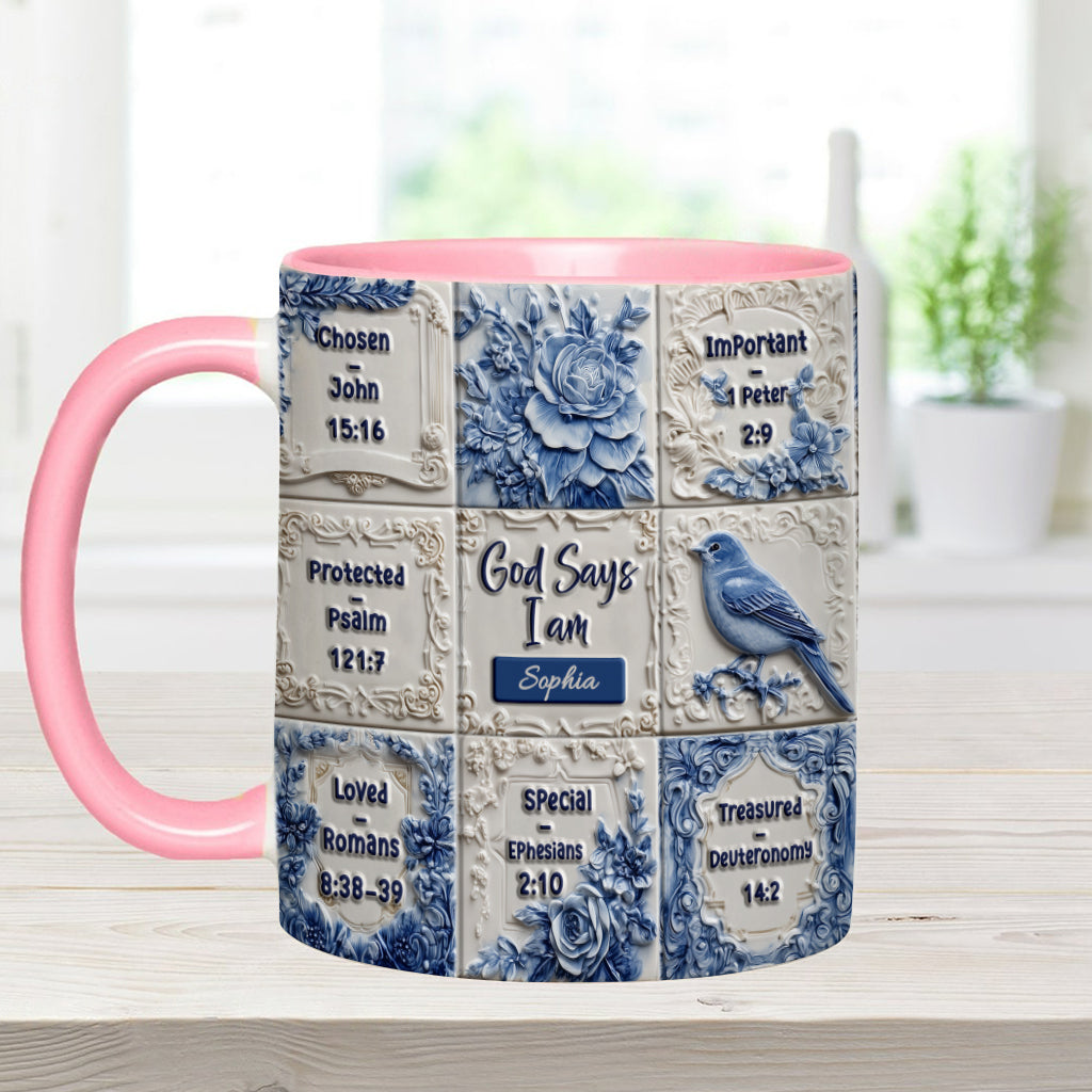 Mug chrétien personnalisé « Dieu dit que je suis » à motif Toile de Jouy