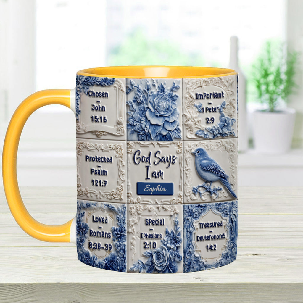 Mug chrétien personnalisé « Dieu dit que je suis » à motif Toile de Jouy